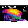 LG OLED83C6 TV OLED evo AI 2026, écran 83 pouces vue de face avec visuel coloré abstrait sur pied central