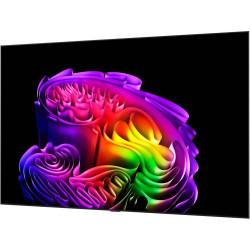 LG OLED97G6 TV OLED 97 pouces, vue de trois quarts gauche avec écran allumé motif coloré