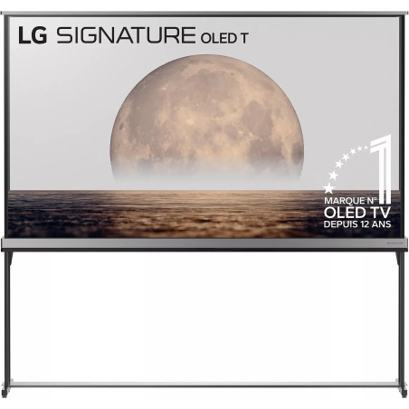 LG OLED77T4 TV OLED transparent 77 pouces sur pied, écran affichant la lune marque N°1 OLED depuis 12 ans