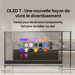 LG OLED77T4 TV OLED 77 pouces, interface webOS et applications de streaming sur écran transparent
