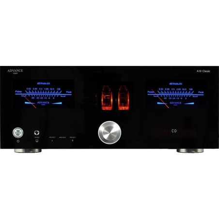 ADVANCE ACOUSTIC A10 CLASSIC amplificateur intégré Hi-Fi, façade noire avec vumètres bleus et tubes apparents éclairés