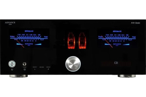 ADVANCE ACOUSTIC A10 CLASSIC amplificateur intégré Hi-Fi, façade noire avec vumètres bleus et tubes apparents éclairés