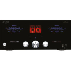 ADVANCE ACOUSTIC A12 CLASSIC amplificateur intégré, façade noire vumètres bleus tubes rougeoyants et boutons aluminium