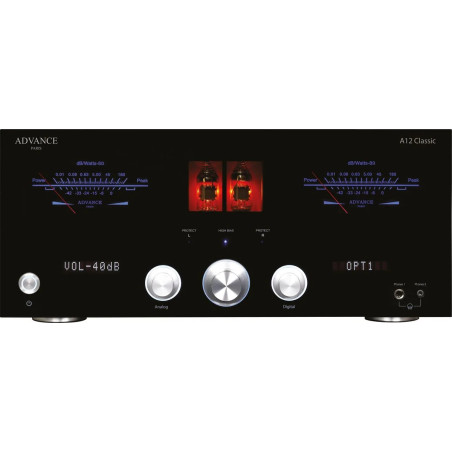 ADVANCE ACOUSTIC A12 CLASSIC amplificateur intégré, façade noire vumètres bleus tubes rougeoyants et boutons aluminium