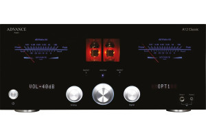 ADVANCE ACOUSTIC A12 CLASSIC amplificateur intégré, façade noire vumètres bleus tubes rougeoyants et boutons aluminium