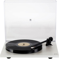 REGA PLANAR 1 (Finition : Blanc Mat) platine vinyle manuelle, vue de face avec capot ouvert et disque
