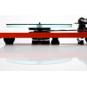 REGA Planar 3 Nd3 platine vinyle rouge, vue de profil socle laqué et plateau en verre