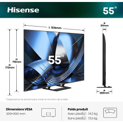 HISENSE 55U7S PRO TV Mini LED 55 pouces, schéma dimensions 1226x715mm profondeur 59mm et vue de profil sur pied