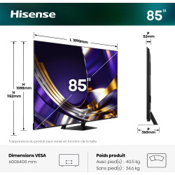 HISENSE 85U7S PRO TV 85 pouces, dimensions 1890x1152mm et profondeur 52mm vue de trois quarts et profil