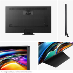 HISENSE 65UR9S TV MiniLED, vues arrière et profil fin avec pied métal et détails de la dalle