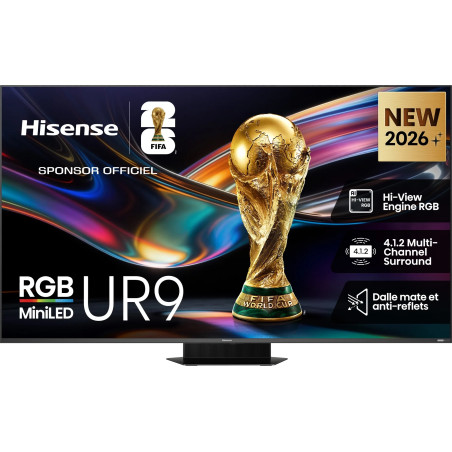 HISENSE 75UR9S TV MiniLED RGB 75 pouces, vue de face avec trophée FIFA et logo sponsor officiel UR9