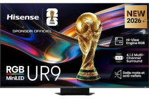 HISENSE 75UR9S TV MiniLED RGB 75 pouces, vue de face avec trophée FIFA et logo sponsor officiel UR9