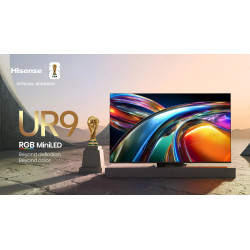 HISENSE 75UR9S TV MiniLED RGB 75 pouces UR9, mise en scène avec trophée FIFA Beyond definition