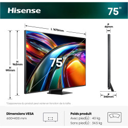 HISENSE 75UR9S TV MiniLED 75 pouces, schéma dimensions 1670x991mm et profil latéral 46mm