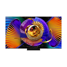 TCL 65C7L TV MiniLED 65 pouces, écran 4K vue de face avec pied central et image colorée