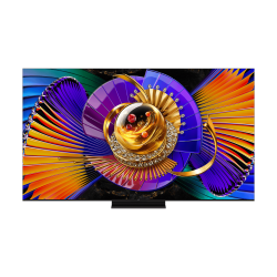 TCL 75C7L TV MiniLED 75 pouces, vue de face écran allumé sur pied central noir