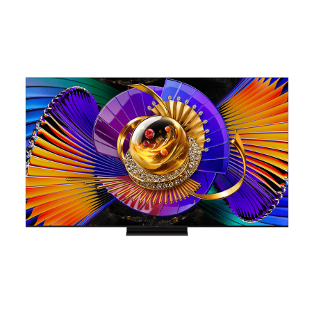 TCL 75C7L TV MiniLED 75 pouces, vue de face écran allumé sur pied central noir