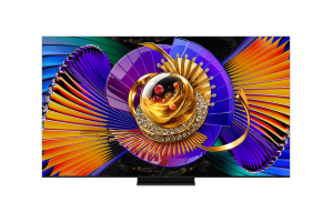 TCL 75C7L TV MiniLED 75 pouces, vue de face écran allumé sur pied central noir