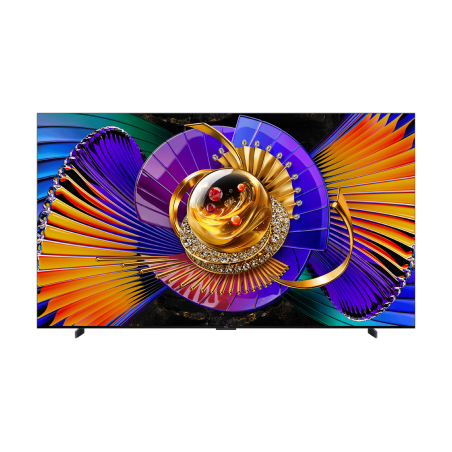 TCL 98C7K TV MiniLED 98 pouces, écran 4K vue de face avec image colorée sur pieds