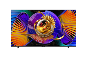 TCL 98C7K TV MiniLED 98 pouces, écran 4K vue de face avec image colorée sur pieds